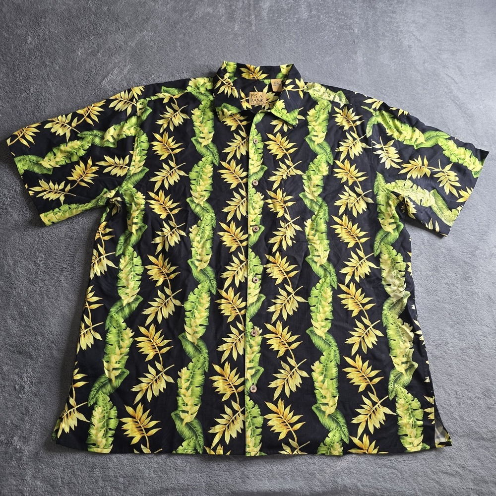 Jos A Bank Hawaiian Shirt Mens XL Green Floral Short Sleeve 100% Silk Resort
